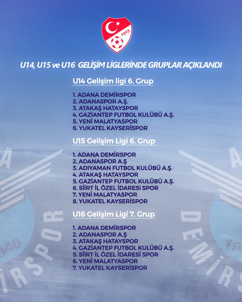 U14, U15 ve U16 Bölgesel Gelişim Ligleri 15 Ekim'de başlıyor Tff Gelişim Ligleri Tertip komitesi tarafından organize edilen liglerde takımlarımız 6. Ve 7. Grupta yer alıyor.