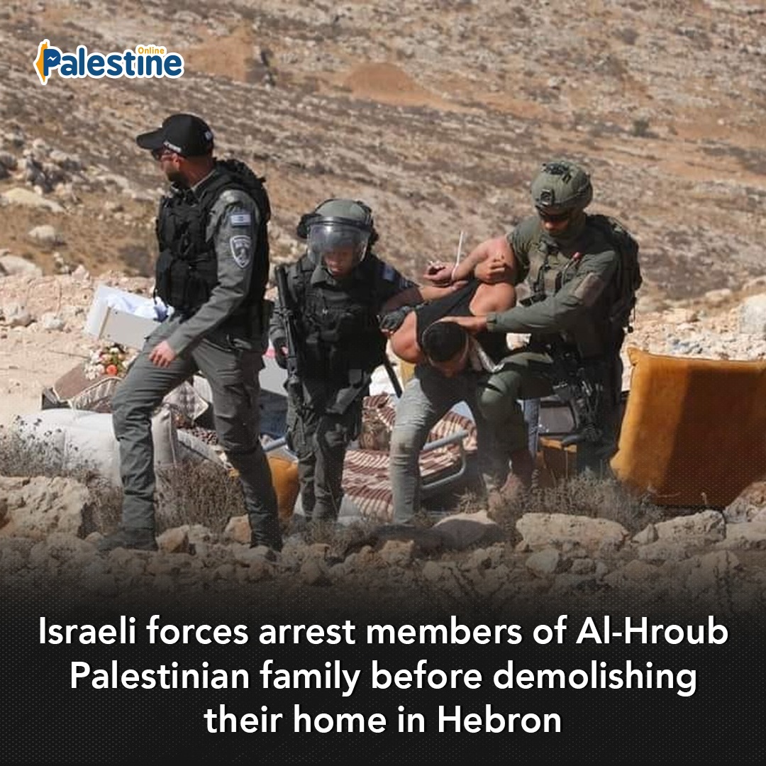 OnlinePalEng's tweet photo. Israeli occupation forces assaulted members of Al-Hroub Palestinian family and arrested others after expelling them from their home in preparation for its demolition in the Khallet Taha area, South of Hebron. https://t.co/Trre6M7yBC