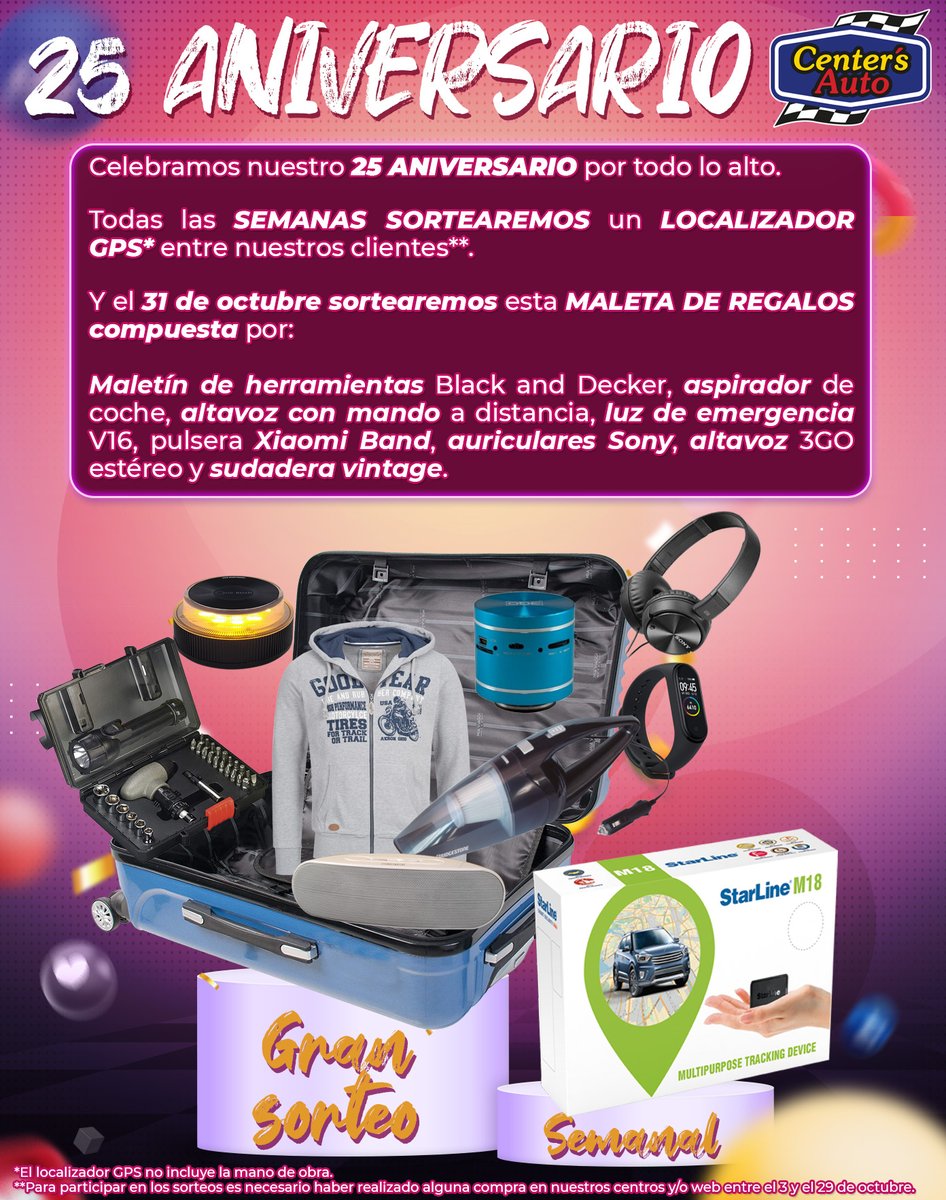 ¡¡Llega nuestro 25 ANIVERSARIO!! Y lo celebramos contigo sorteando cada semana un localizador GPS y con un GRAN SORTEO FINAL de una MALETA DE REGALOS.
Participa con tus compras.
#25Aniversario #centersautogranada #sorteo #tallermecanico