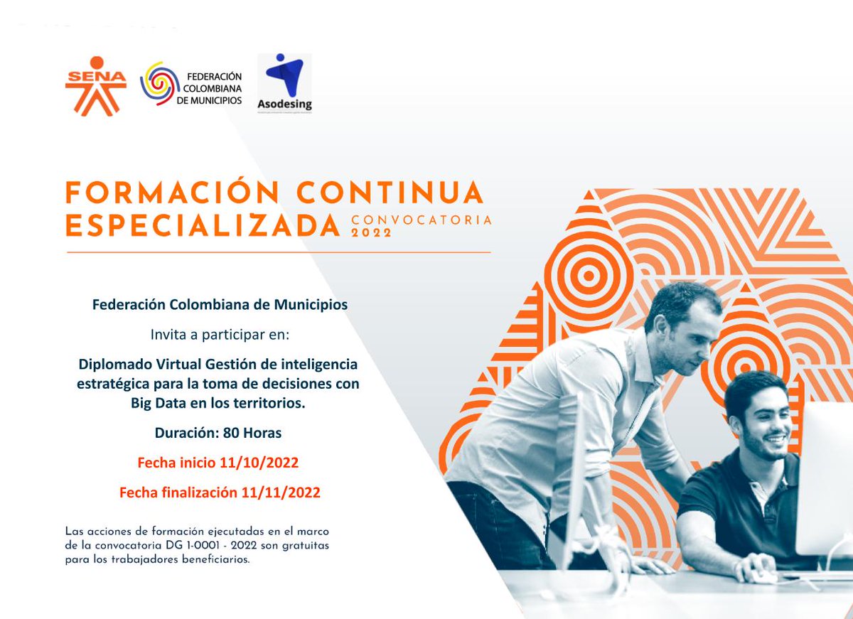 Fedemunicipios's tweet photo. #Fedemunicipios y #ASODESING invitan a participar en el Diplomado: Gestión de inteligencia estratégica para la toma de decisiones con Big Data en los territorios del @SENAComunica. 

➡Preinscripciones aquí: https://t.co/oYxG4ljTEx  *Cupos limitados. https://t.co/zpjw6GSugV