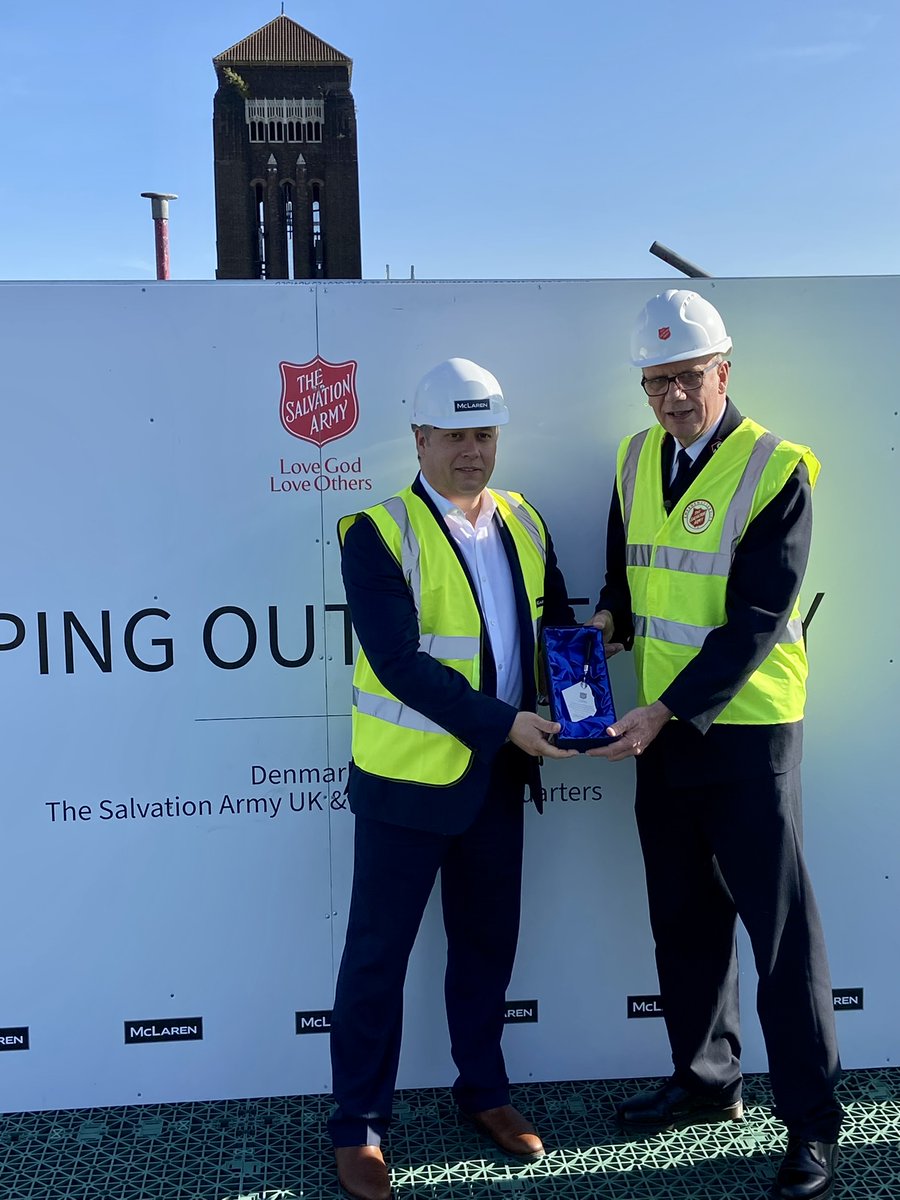 tatehindle's tweet photo. Beautiful weather today in Denmark Hill for the Topping Out Ceremony of the New Territorial Headquarters for the @salvationarmyuk  An exciting time for an exciting project with @MCLGroupPLC  @LlpRandall  @Davies_Maguire &amp; many others. https://t.co/BIsVyNsC64