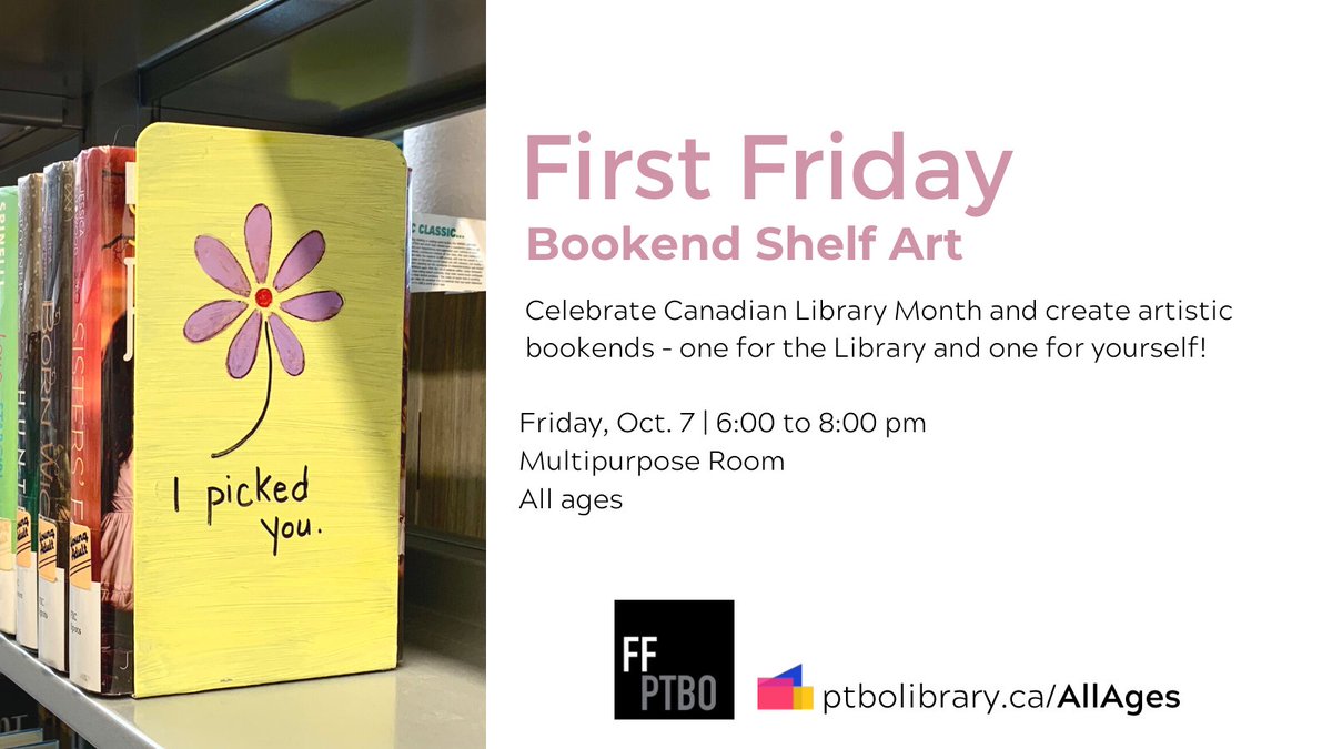 ptbolibrary's tweet photo. Stop by the #PtboLibrary tomorrow for our @firstfridayptbo Bookend Art activity at 6 pm in the Multipurpose Room!

We’ll supply everything you need to create one for the Library and one for yourself! 
Come early as supplies are limited. https://t.co/X1RyB0cndY