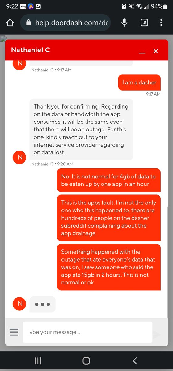 LittleOnnaV's tweet photo. @DoorDash Can you explain why the outage yesterday ate 4gb of data in an hour? And your reps are blaming our phone carriers for the drain while refusing to take responsibility for the app draining our data? https://t.co/D22wgeZKAe