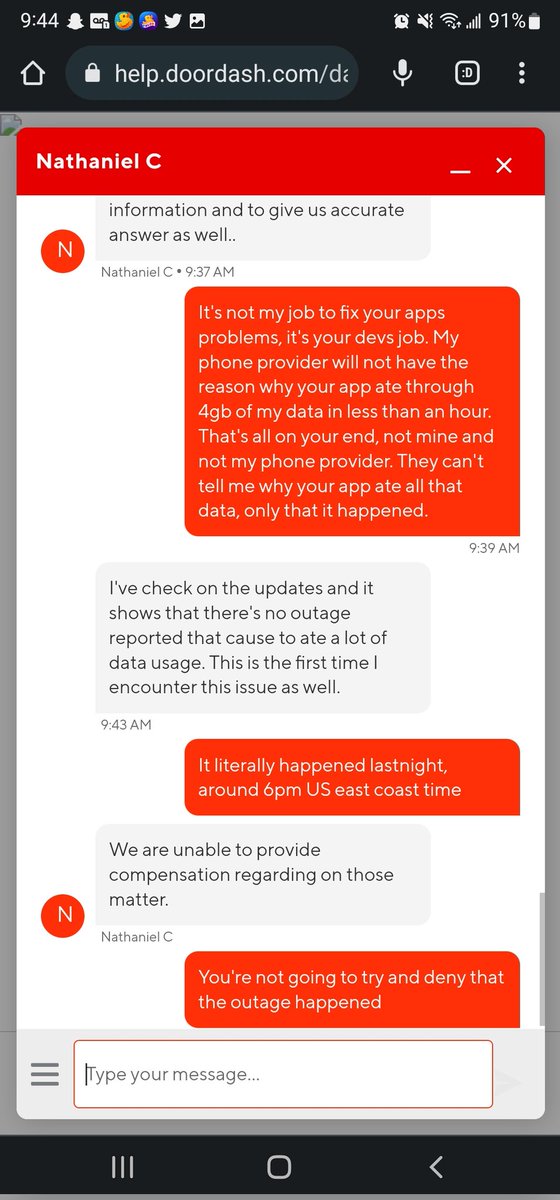 LittleOnnaV's tweet photo. @DoorDash Can you explain why the outage yesterday ate 4gb of data in an hour? And your reps are blaming our phone carriers for the drain while refusing to take responsibility for the app draining our data? https://t.co/D22wgeZKAe
