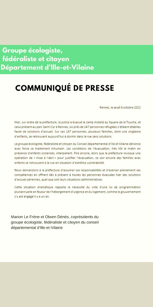 GroupeEFC_CD35's tweet image. &quot;Nous demandons à la préfecture  d&apos;assumer ses responsabilités [...] en offrant des à présent à toutes les personnes évacuées des solutions d&apos;accueil pérennes&quot;. Retrouvez notre communiqué de presse sur l&apos;évacuation des personnes réfugiées du parc St Cyr à Rennes 👇