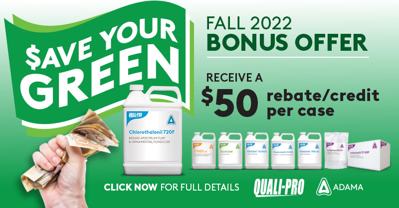 Quali_Pro_CAN's tweet photo. Receive a $50 rebate/credit per case on purchases of Chlorothalonil 720F until Nov 30 in addition to your Save Your Green volume credit.

Take control of snow mould, dollar spot, brown patch, leaf spot and more with this proven disease fighter - Order now!