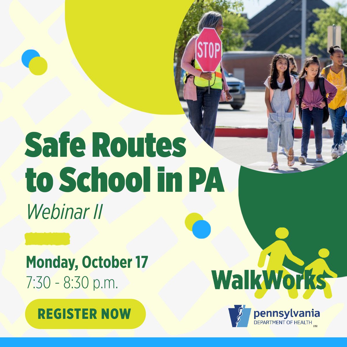 In the spirit of back-to-school season, please join us for the second WalkWorks webinar on Safe Routes to School (SRTS) on Monday, October 17 @ 7:30 p.m.! #saferoutes #activetransportation #school