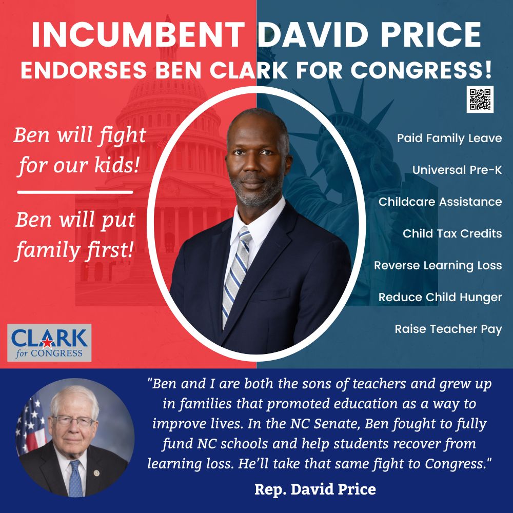 ENDORSEMENT ALERT: Incumbent Congressman David Price Endorses Ben Clark to Replace Him in Congress
#NC09 #ncpol #Clark4Congress BenClarkNC.com
