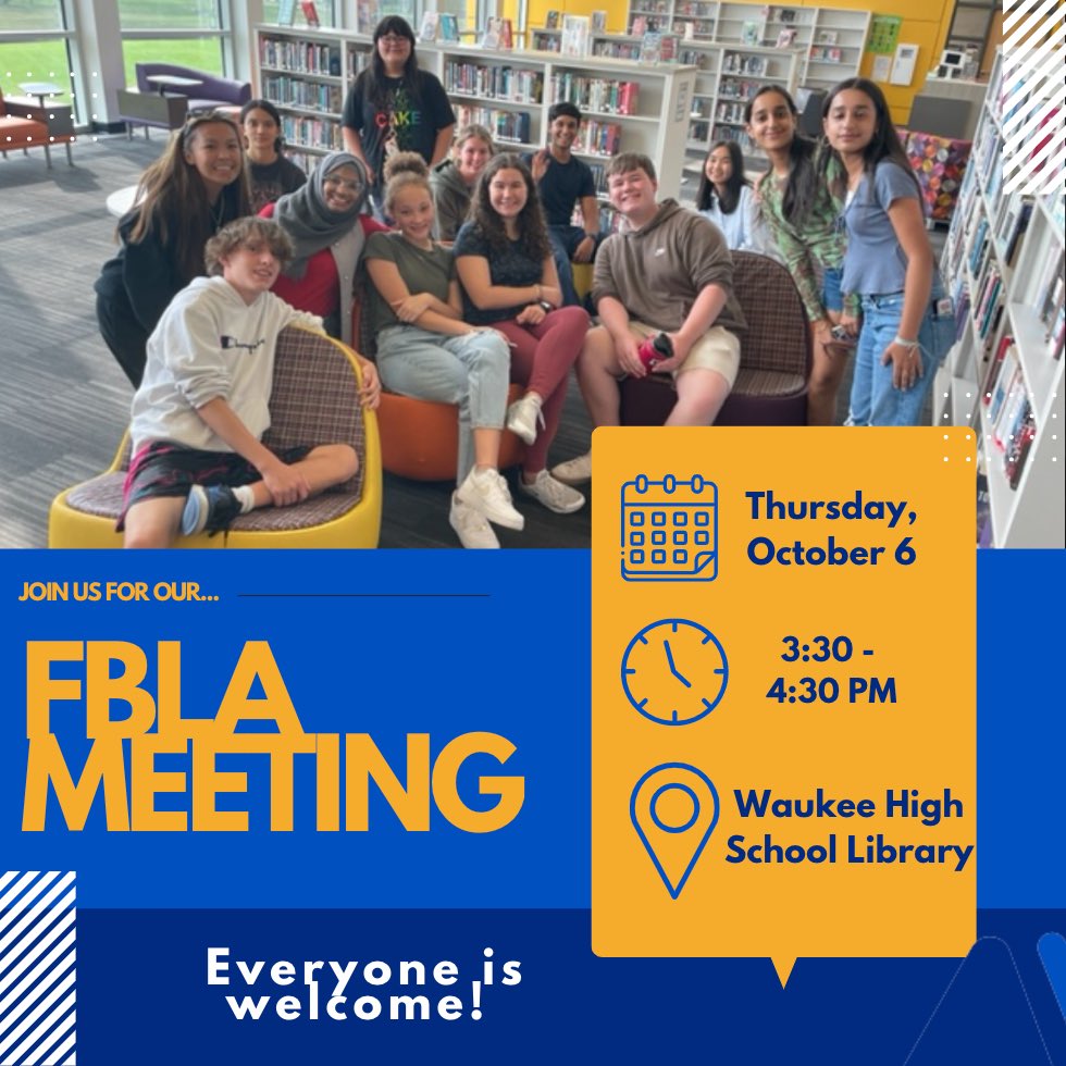 WaukeeFBLA's tweet photo. We have an FBLA meeting today after school! We have some important information to share with everyone, along with some exciting activities! We can’t wait to see everyone there!#waukeefbla https://t.co/OGSaUVyKBX