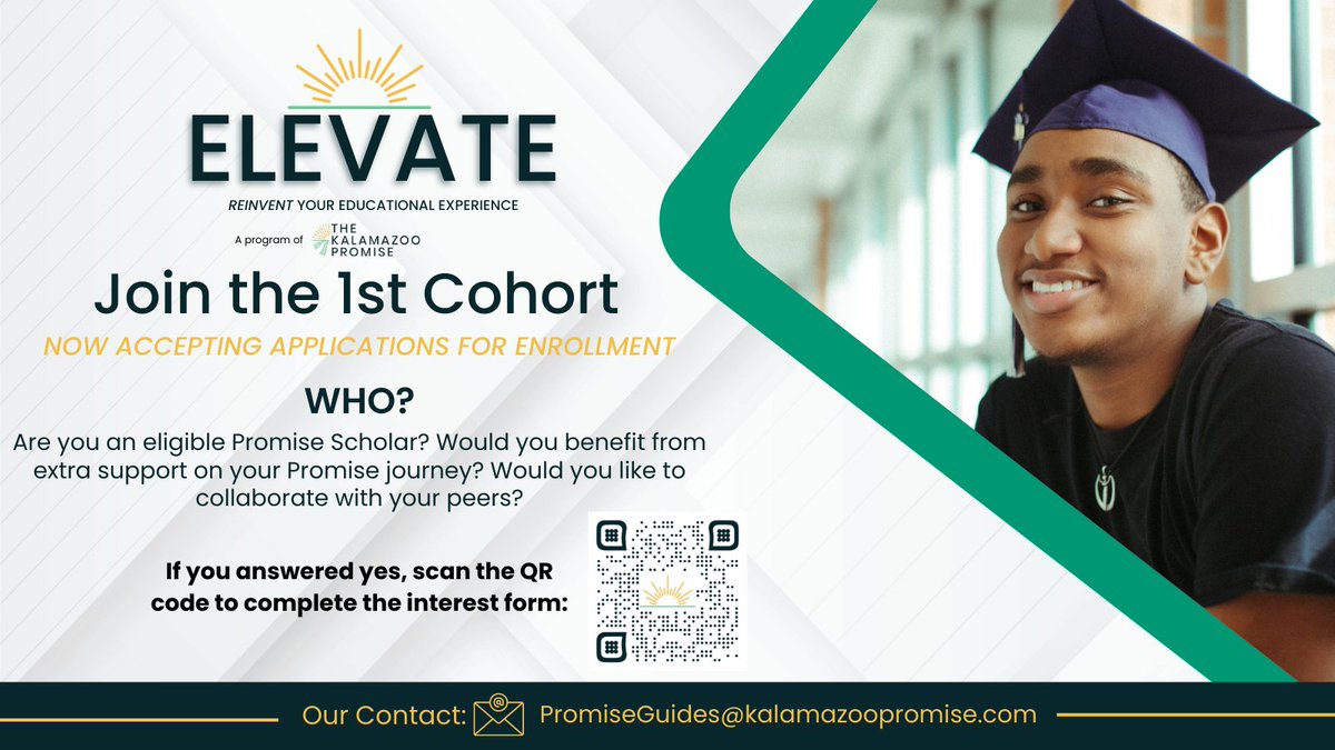 KzooPromise's tweet photo. Are you an eligible Promise Scholar? 🤔 Would you benefit from extra support on your Promise journey? 🎓 Would you like to collaborate with your peers? 👥 Then the ELEVATE Program may be for you! Get started at https://t.co/G7xAhyFy1i! https://t.co/MS0tRjpe04