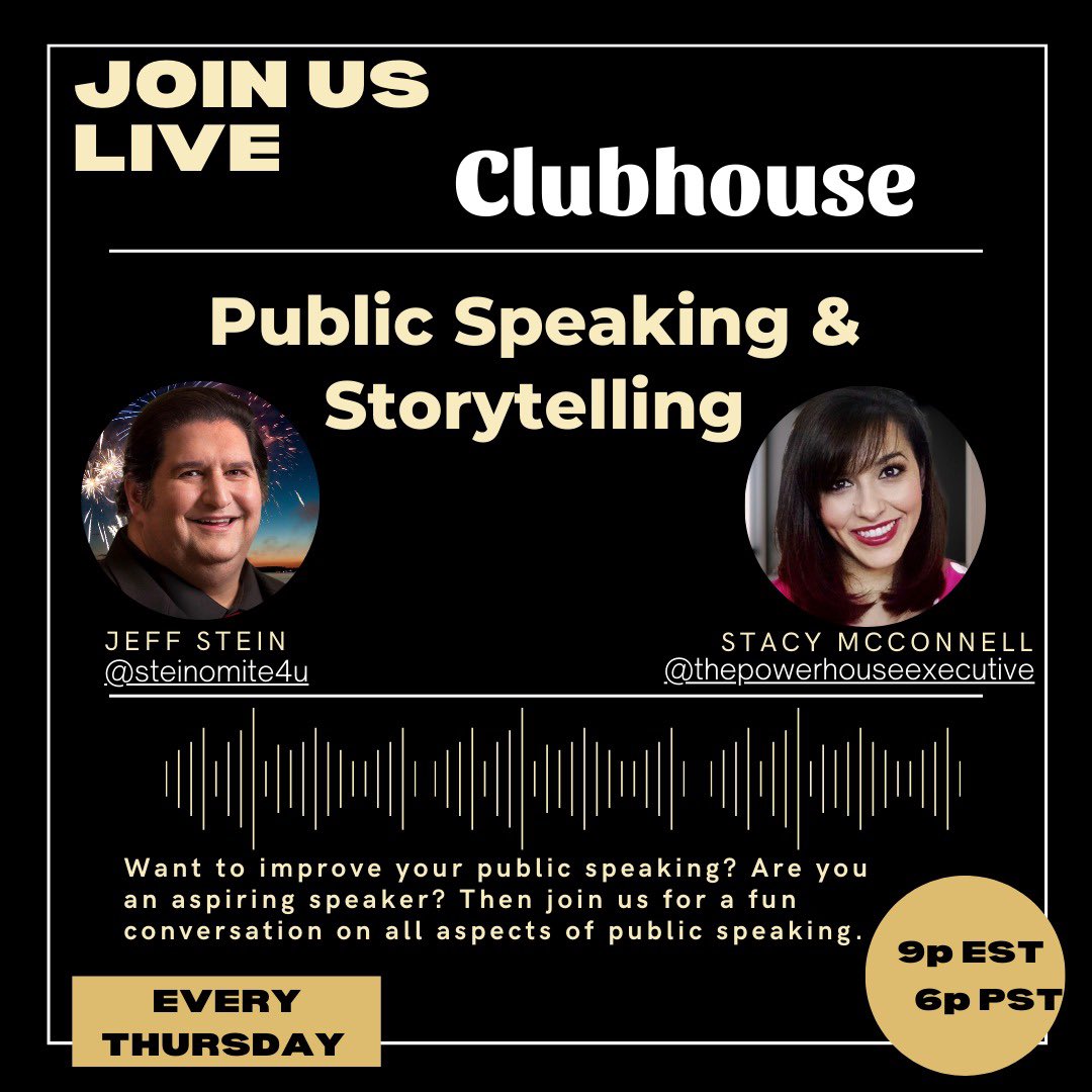 Public Speaking &amp; Storytelling with <a href="/stace_isms/">Stacy</a> and <a href="/womxnbizclub/">WomxnBizClub.co (👛,👛)</a>. Today, Oct 6 at 8PM CDT in @clubhouse. Join us! clubhouse.com/event/M5WLkKdJ…