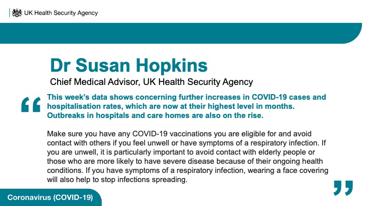 UKHSA's tweet photo. Dr Susan Hopkins, Chief Medical Advisor at UKHSA on this week's report 🔽

Read the full report: https://t.co/KxtAZBJHwx https://t.co/ZPO0tEW2rY