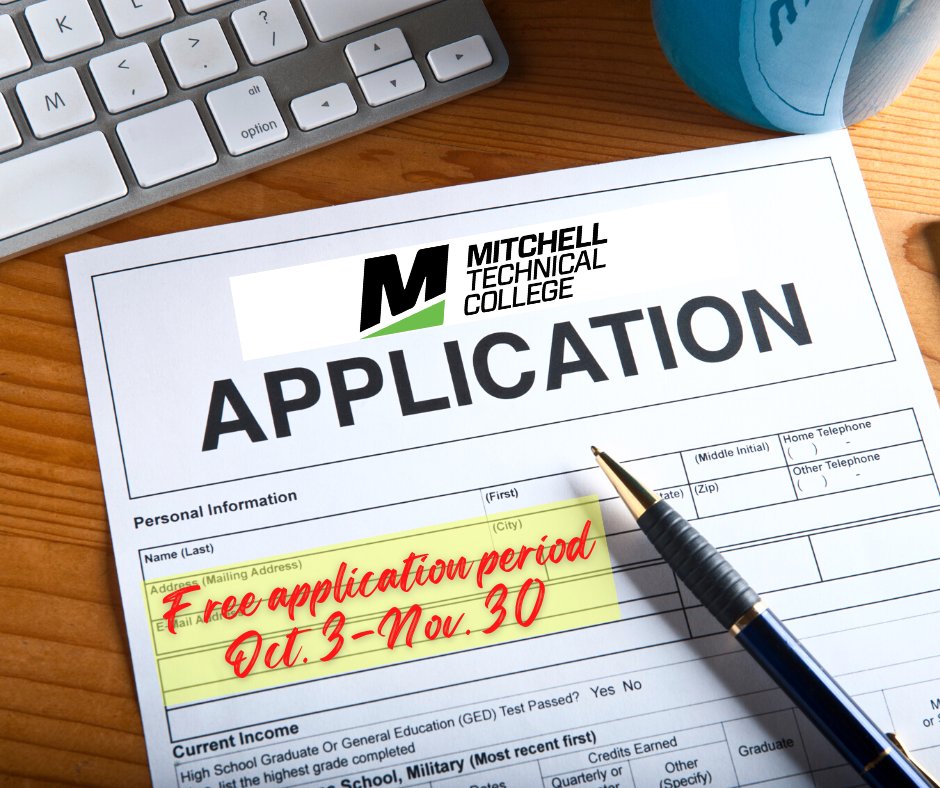 MitchellTech's tweet image. Applying to Mitchell Tech is always free. But, if you apply during the free application period, we will waive our $60 matriculation fee upon acceptance. Programs fill on a first-come, first-served basis. Apply now to secure your spot! #BeTheBest #MitchellTech #FreeApplication