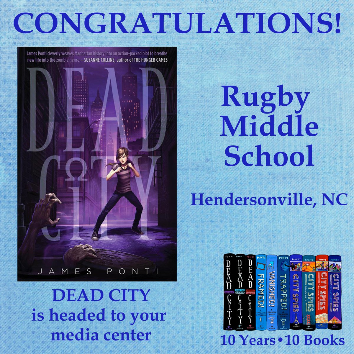 JamesPonti's tweet photo. Congratulations @MediaRms! You're the first winner in the #10Years10Books celebration. A signed copy of Dead City is headed to your media center. Everyone, keep a look there are many more giveaways to come! https://t.co/RAexk6XxAL
