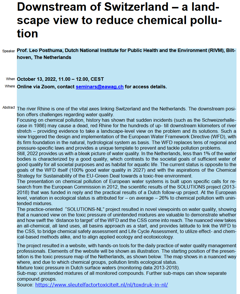 EawagResearch's tweet photo. "Downstream of Switzerland – a landscape view to reduce chemical pollution" Join our next #EawagSeminar with Prof. Leo Posthuma 
Thu 13.10.22 4-5pm CEST
Abstract&amp;Registration: https://t.co/Ce4rRQ7LKE
#waterqualitymanagement #ecotoxicology # https://t.co/F1VKQuNSip