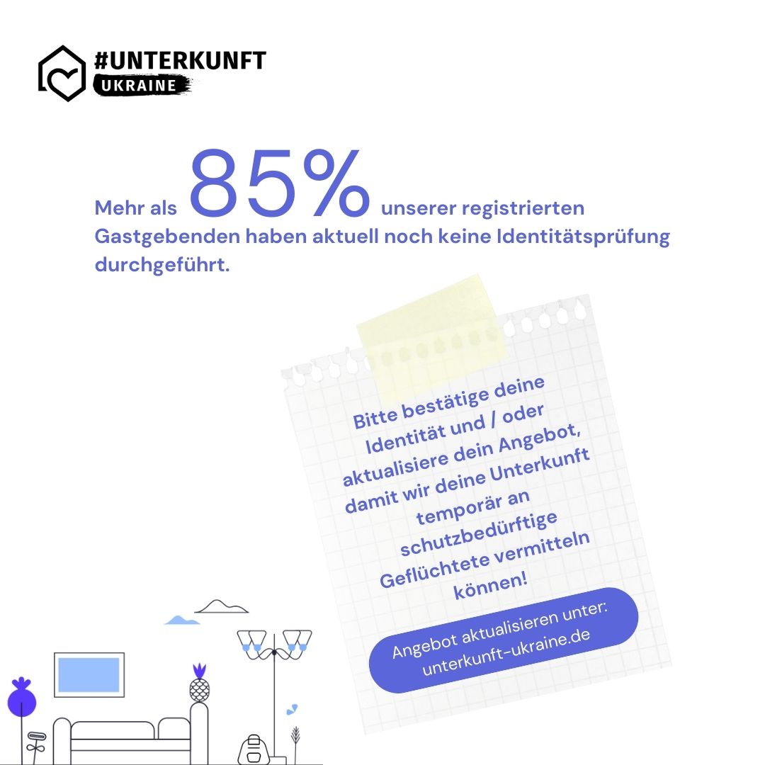 Du hast dich bereits bei uns auf der Plattform registriert aber noch nicht deine Identität bestätigt? Dann hol’ das jetzt unbedingt nach, damit wir Menschen in Not deine Unterkunft anbieten können!
👉app.unterkunft-ukraine.de/self-service/h…