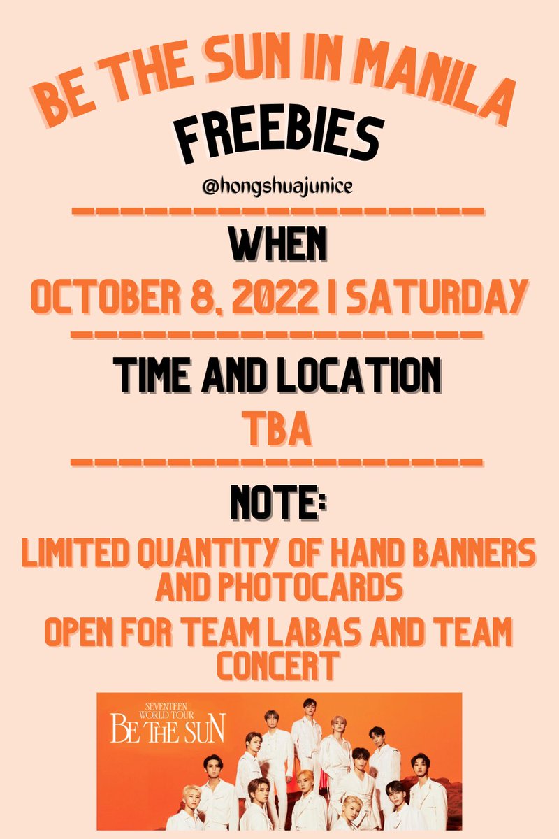 Hi Carats! I’ll be giving away freebies on Day 1 (Oct 8). This is open to all. Just approach me lang po. Limited lang lalo na yung official photocards hehe see you!!! 

#BeTSinManila #BeTheSuninManila 
#BeTSinMNL
#BeTheSuninMNL