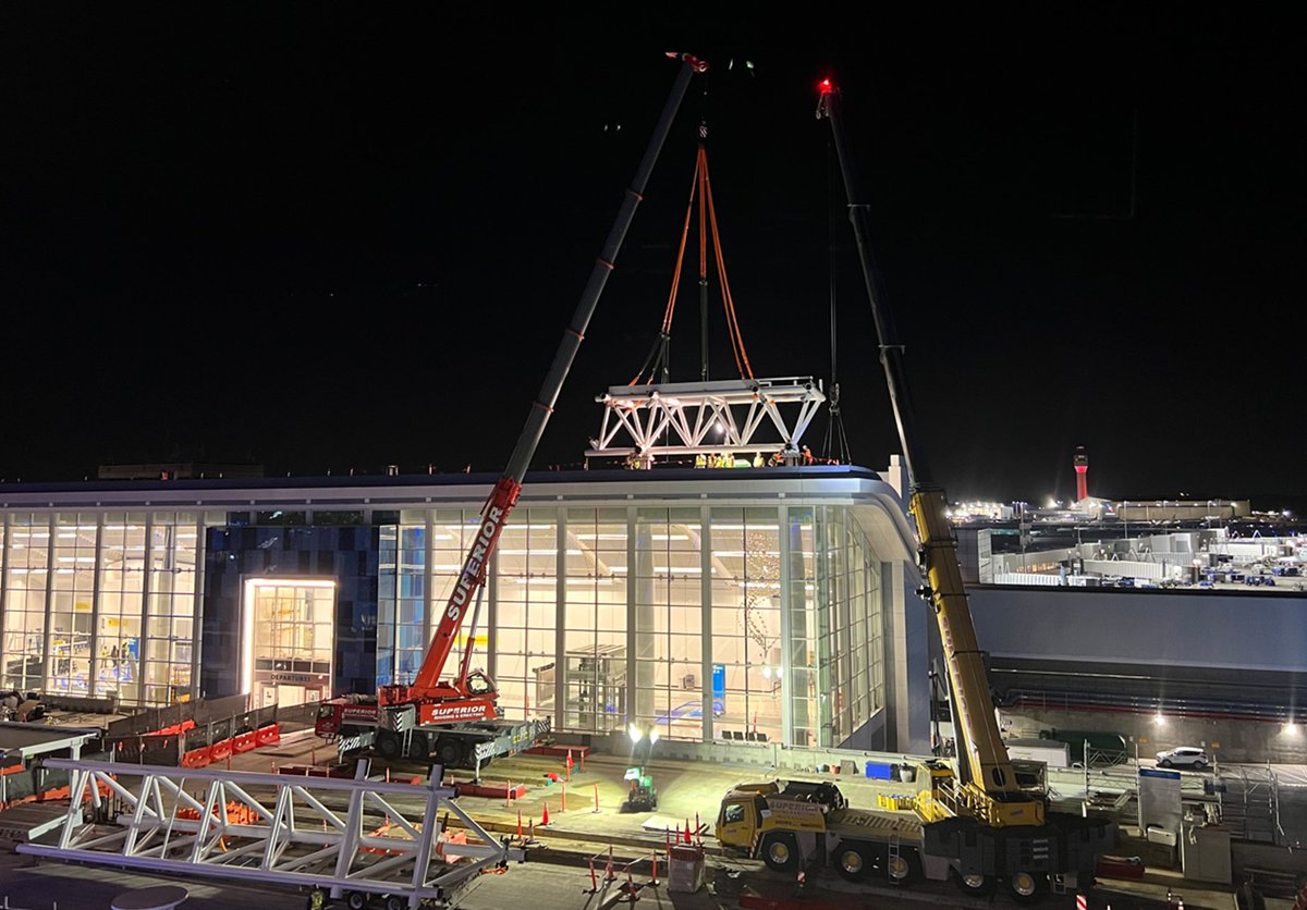 holderconstruct's tweet image. One down, 62 to go! Our team, @EdisonFoard and #RJLeeper recently began erecting the first piece of steel for @CLTAirport&apos;s new terminal lobby expansion canopy. Projected completion of the steel, aluminum, glass and additional trades is set for late summer 2024.