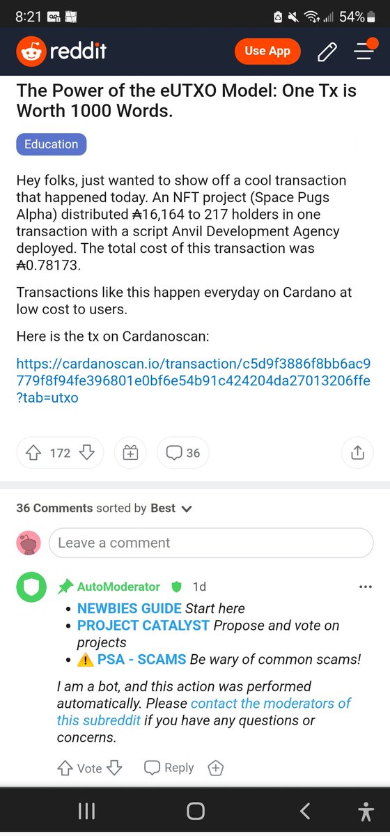 One transaction distributed 16,164 ada to 217 holders for a fee of 0.78173 ada. Tell me again how EUTXO can't scale and we only do 1 tps.