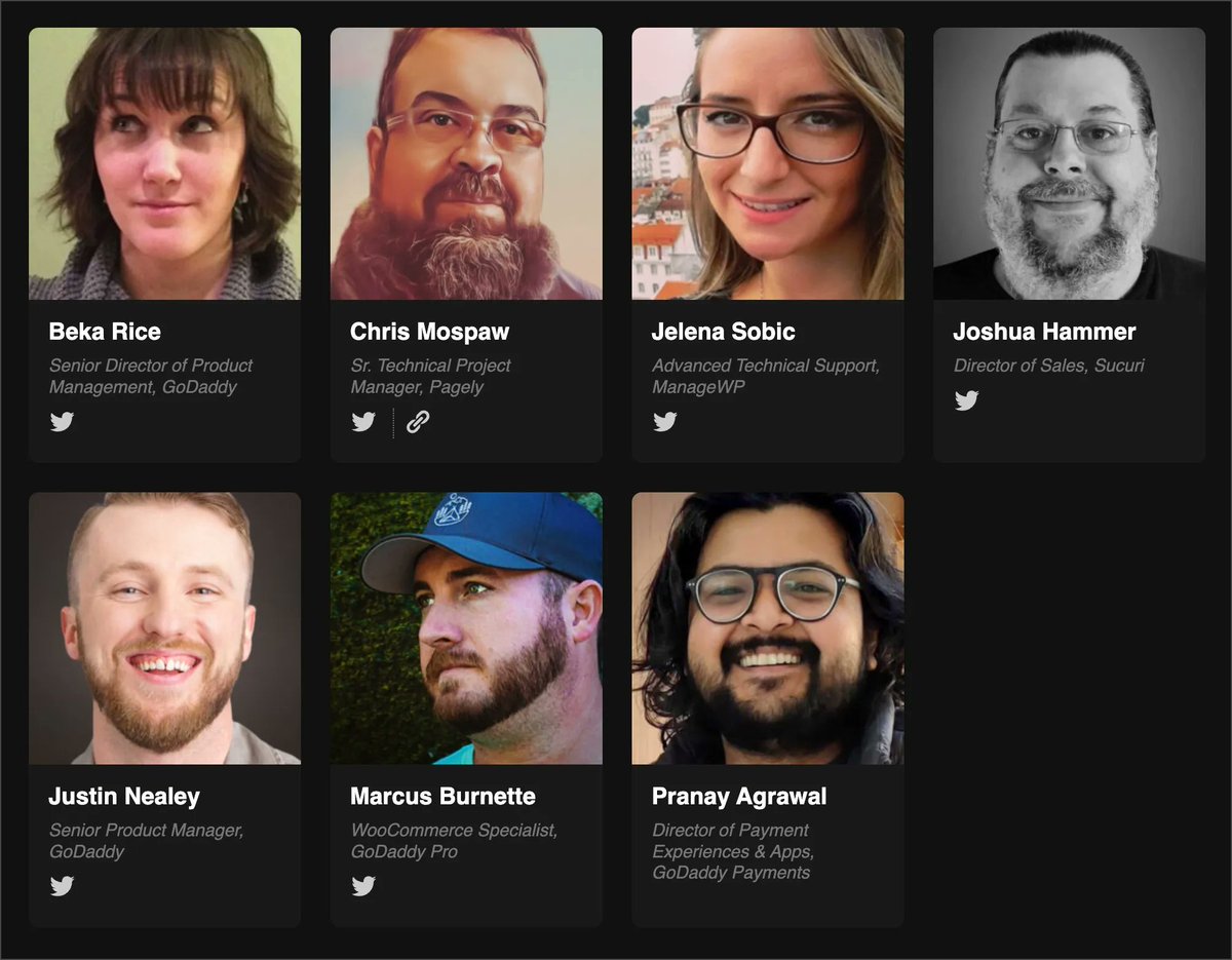 The entire lineup is fantastic this year, but I especially love seeing all these familiar faces from <a href="/GoDaddy/">GoDaddy</a>/<a href="/GoDaddyPro/">GoDaddy Pro</a>! Register for free to learn about #WooCommerce from:

<a href="/Beka_Rice/">Beka Rice</a>
<a href="/ChrisMospaw/">Chris Mospaw</a>
<a href="/Sjeca14/">Razli_cak</a>
<a href="/sucuri_josh/">Joshua Hammer</a>
<a href="/Justinnealey/">Nealey</a>
&amp; me 😉 

#WooSesh — bit.ly/3Chwr5o