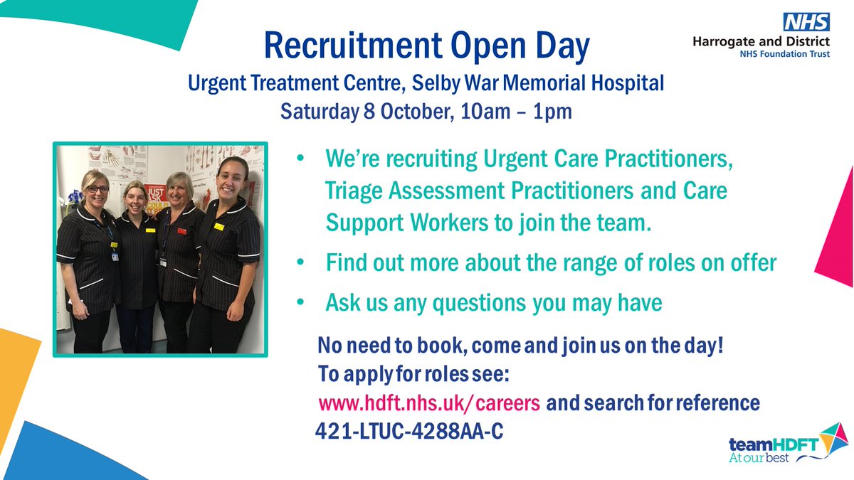 HDFT_Careers's tweet photo. We’re looking for Urgent Care Practitioners, Triage Assessment Practitioners and Care Support Workers to join our Urgent Treatment Centre at Selby Hospital. Find out more at the Recruitment Open Day this Saturday 8 October. For more details see. https://t.co/1BRkjVcYsg #teamHDFT https://t.co/jpKQ5rBI8n