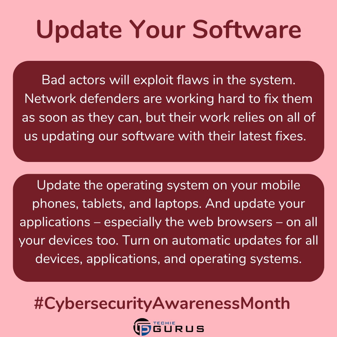 TechieGurusLLC's tweet image. Keeping your software up to date is one of most important things you do to keep yourself safe. More than likely, almost every piece of software you have has had a vulnerability that has led to an exploit at some point. Make sure to turn on automatic updates!

#CybersecurityAw ...