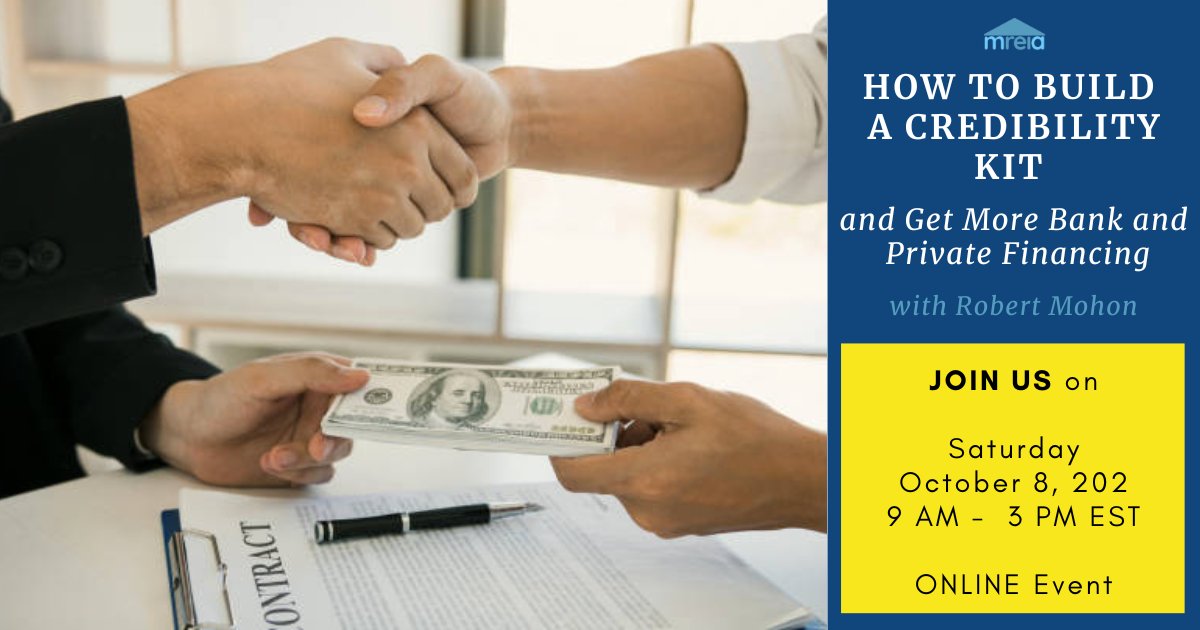 mreiateam's tweet photo. Are you looking to learn how to create a credibility kit? 

This workshop with Robert Mohon will teach you everything you need to know! 

Register now and increase your chances of getting the funding you need.

👉https://t.co/GAOGGh8bqX

#credibilitykit #privatefinancing #realtor https://t.co/HsVX0bSfZj