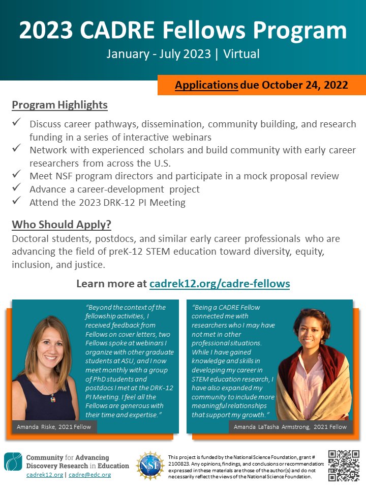 Graduate students, research assistants, and/or postdocs: Apply today for the 2023 CADRE Fellows program, a professional growth opportunity for early career #STEMEd researchers! Learn more: cadrek12.org/form/cadre-fel…. #EdResearch #AcademicTwitter #NSFfunded #STEM