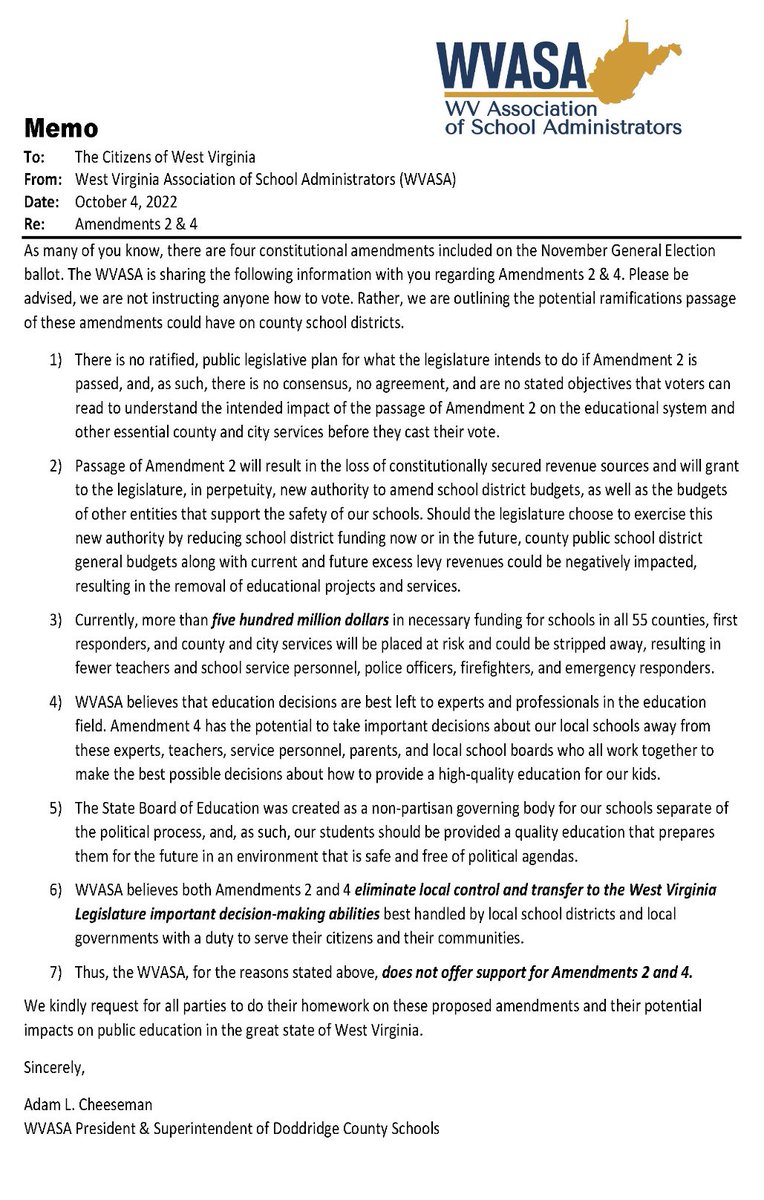 WVASA Resolution and Public Memo regarding Constitutional Amendments 2 and 4.