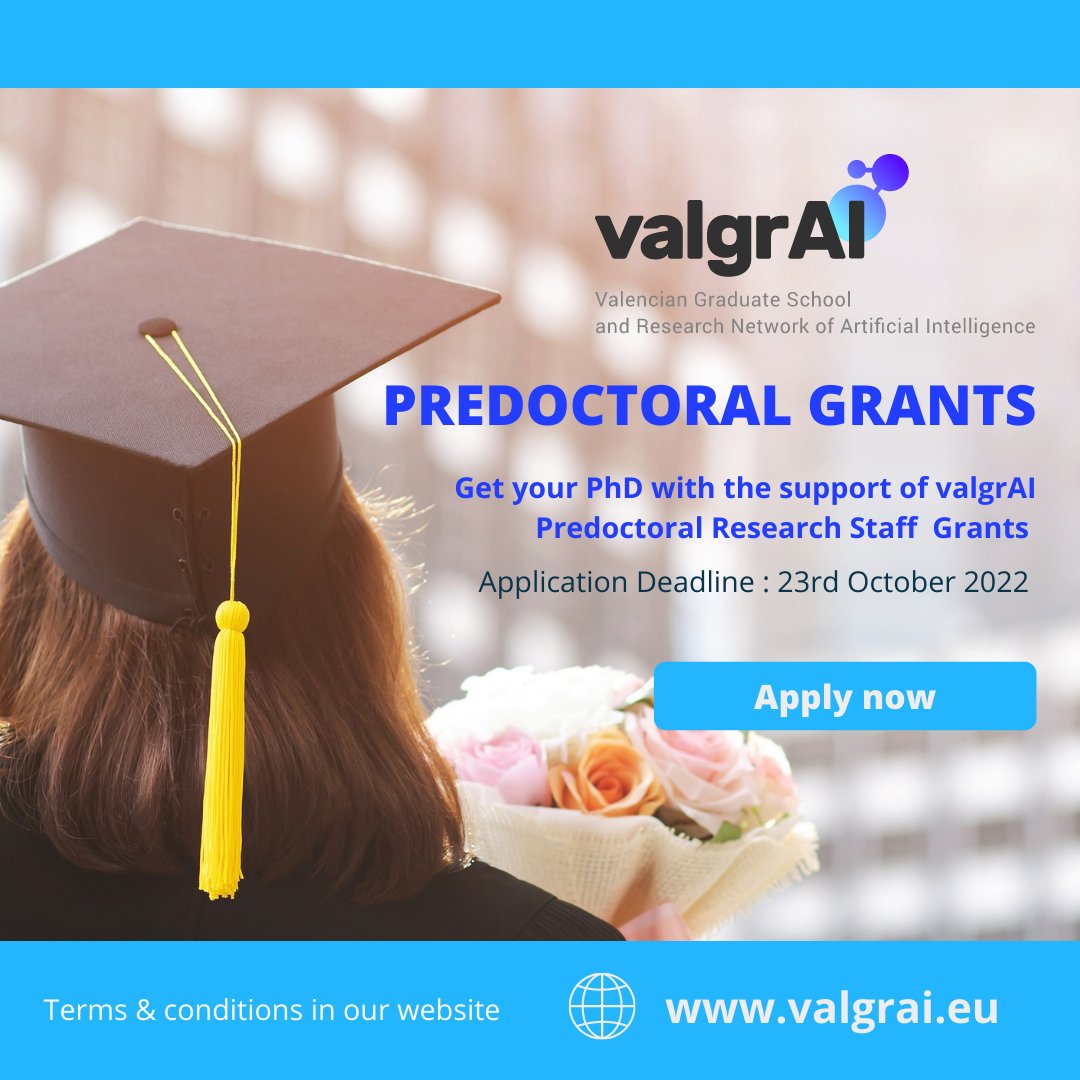 fvalgrai's tweet photo. ValgrAI Call for Predoctoral Grants open until the 23rd of October. If you want to get your #PhD in #AI one of the valencian public universities, check our website https://t.co/01vQeeLrm3 for details @UV_EG @UPV @UA_Universitat @UJIuniversitat @UniversidadMH https://t.co/CsELpUsdvf