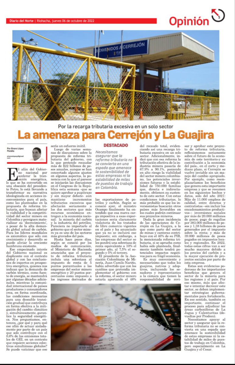 RaulRoysG's tweet photo. Nos preocupa impacto #reformatributaria a nuestro sector minero, teniendo en cuenta que es renglón económico más importante, Qué gestión van a adelantar representantes y senador de #LaGuajira para protegerlo? @deluque @jorgecercharf @marthaperaltae @juanlogomezs @Wayunkerra https://t.co/rblFcDUzwP