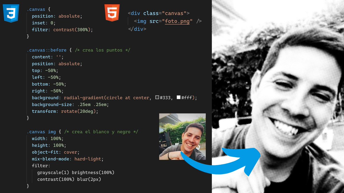CSS es INCREÍBLE. 🤯

Puedes pasar una foto a un estilo comic o ilustración con unas pocas líneas.

Con el background-radial-gradient creas los puntos que servirán de tinta.
Con filter y mix-blend-mode haces el resto del efecto: