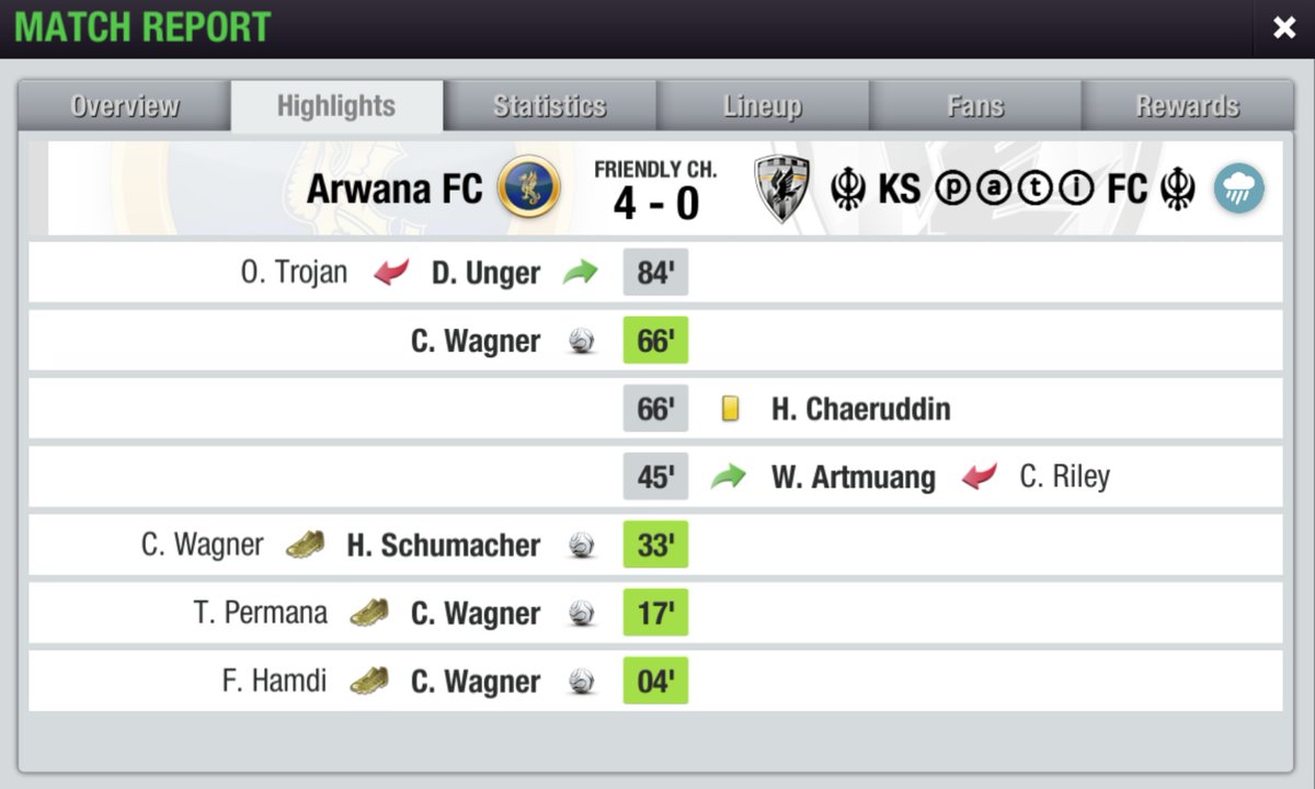 LIGA 1 <a href="/LigaTopEleven/">Liga Top Eleven Indonesia 🇮🇩</a> SEASON 21
Match 2️⃣1️⃣

Arwana FC 4-0 <a href="/KsPati_Fc/">彡KS ⓟⓐⓣⓘ FCミ#TopEleven</a>
⚽⚽⚽ C. Wagner 4', 17', 66'
⚽ H. Schumacher 33'
-

Kami dapat menguasai jalannya pertandingan, namun kiper tim lawan cukup sulit untuk ditaklukan.

#COYBD
#TopEleven
#LigaTopEleven
#Liga1S21