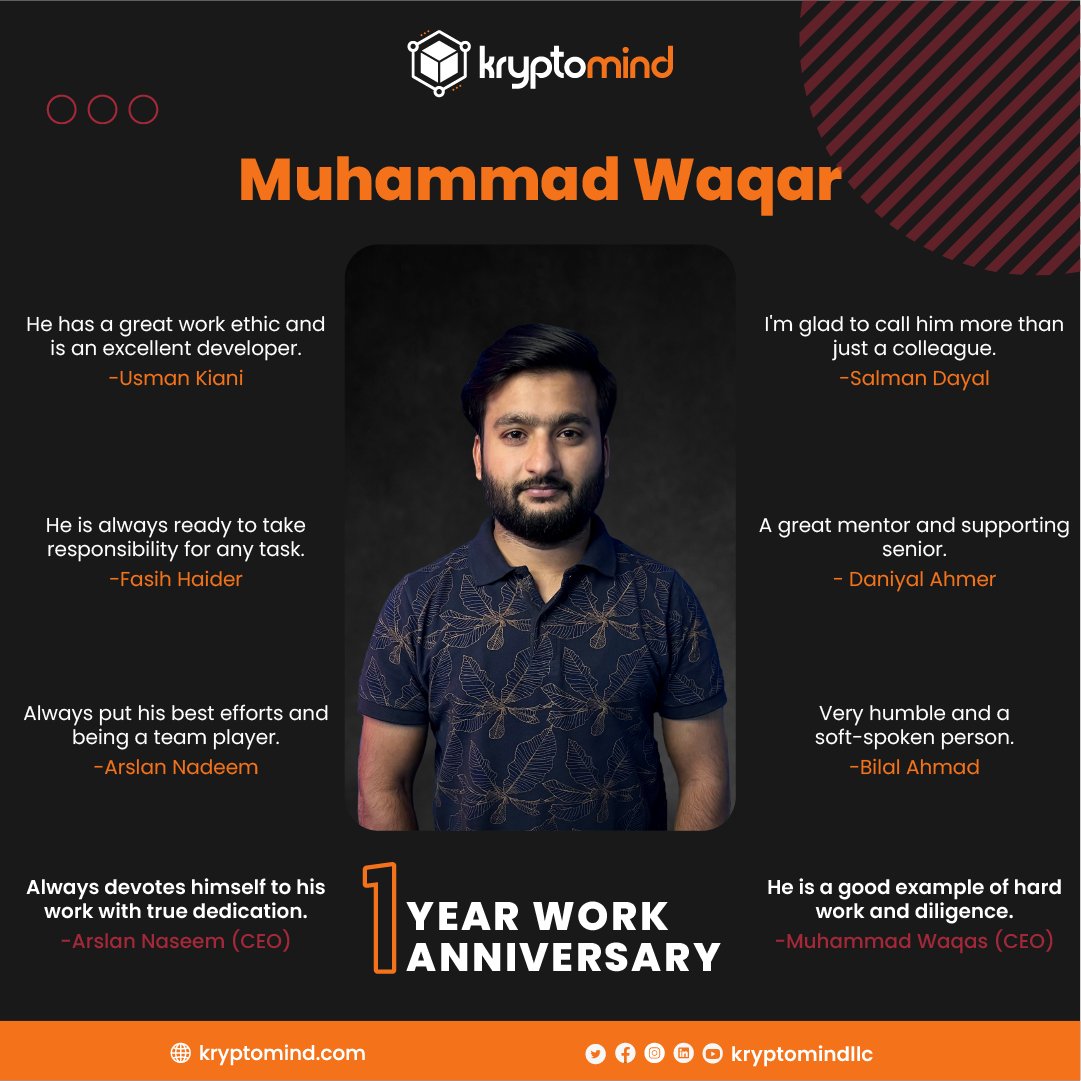 Kryptomindllc's tweet photo. Congratulations to Muhammad Waqar and Sheraz Majeed on completing their first year with us 🎉

#workanniversary #oneyearatkryptomind #dedicatedemployees #teamwork #kmfamily #kryptomind https://t.co/SkthV2gyIw