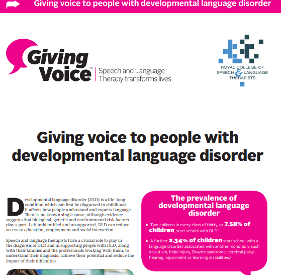 GivingVoiceUK's tweet photo. Happy #DLDDay everyone!

We're giving a huge @RCSLT shout out to:
1) #SLPeeps who work with people with #DevLangDis &amp; their families
2) our wonderful partners including @Afasic @NAPLIC @ICANcharity &amp; @RADLDcam.

Check out our factsheet ▶️ https://t.co/yqyggymOtL https://t.co/3q3JwcmwQb