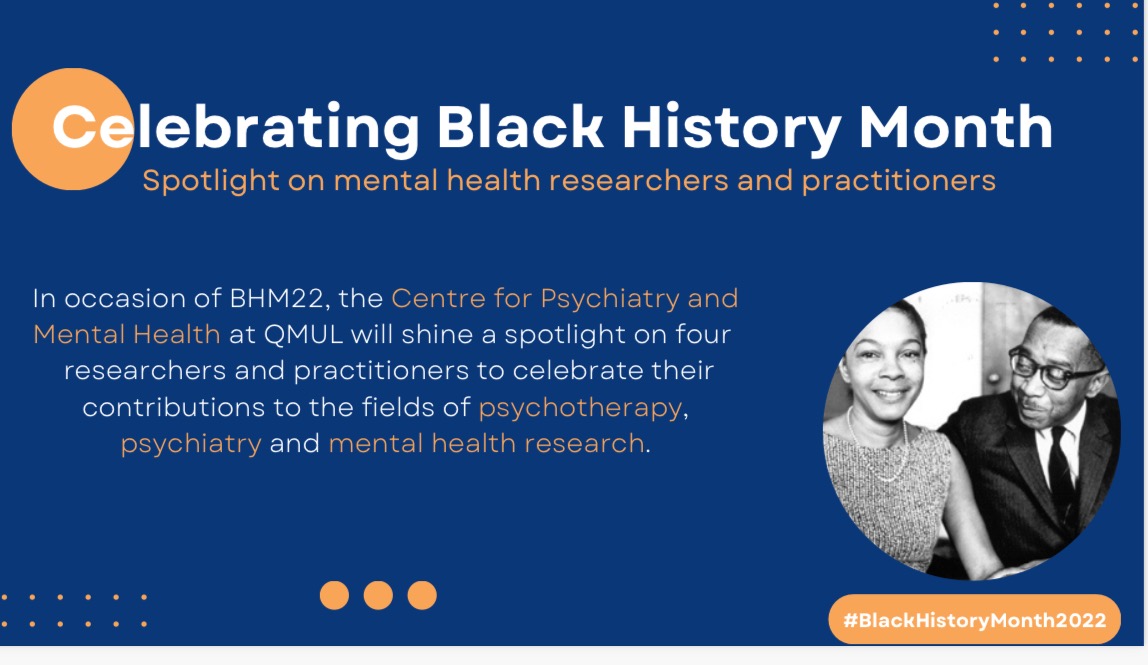 QMUL Centre for Psychiatry & Mental Health (@qmulpsychiatry) on Twitter photo #BlackHistoryMonth is here! To celebrate we are spotlighting Black researchers & practitioners in the mental health field & celebrating their contribution🎉
<a href="/QMUL_WIPH/">Wolfson Institute of Population Health</a> <a href="/DrFreestone/">Mark Freestone</a> <a href="/drhannahjones/">Dr Hannah Jones</a> <a href="/MadHeartsArts/">Mad Hearts - Arts & Mental Health at QMUL</a> #BlackHistoryMonth is here! To celebrate we are spotlighting Black researchers & practitioners in the mental health field & celebrating their contribution🎉
<a href="/QMUL_WIPH/">Wolfson Institute of Population Health</a> <a href="/DrFreestone/">Mark Freestone</a> <a href="/drhannahjones/">Dr Hannah Jones</a> <a href="/MadHeartsArts/">Mad Hearts - Arts & Mental Health at QMUL</a>