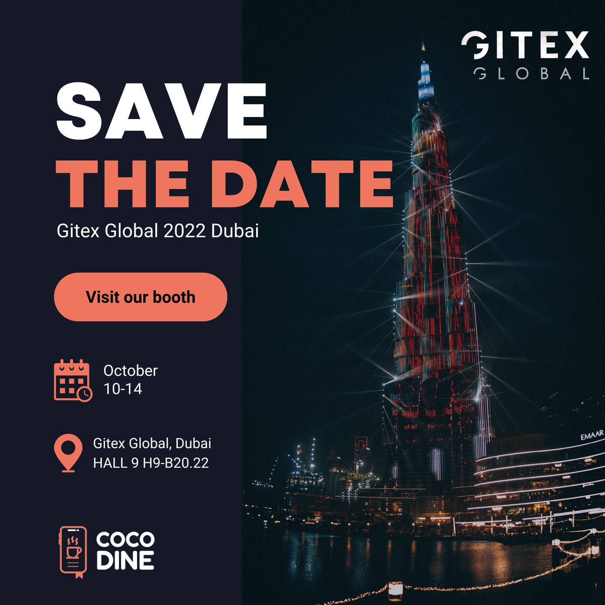 coco_dine's tweet photo. The city of dreams is all set to host the mega technology event, @GITEX_GLOBAL - 2022.

Book your slot and visit us at, 
Hall 9 H9-B20.22.
World Trade Centre, Dubai.

#FintechWorldwide #Technology #cocodine #Tech #UAE #AIEverything #NorthStarDubai #FutureBlockChainSummit https://t.co/GJJ2UF21Qi