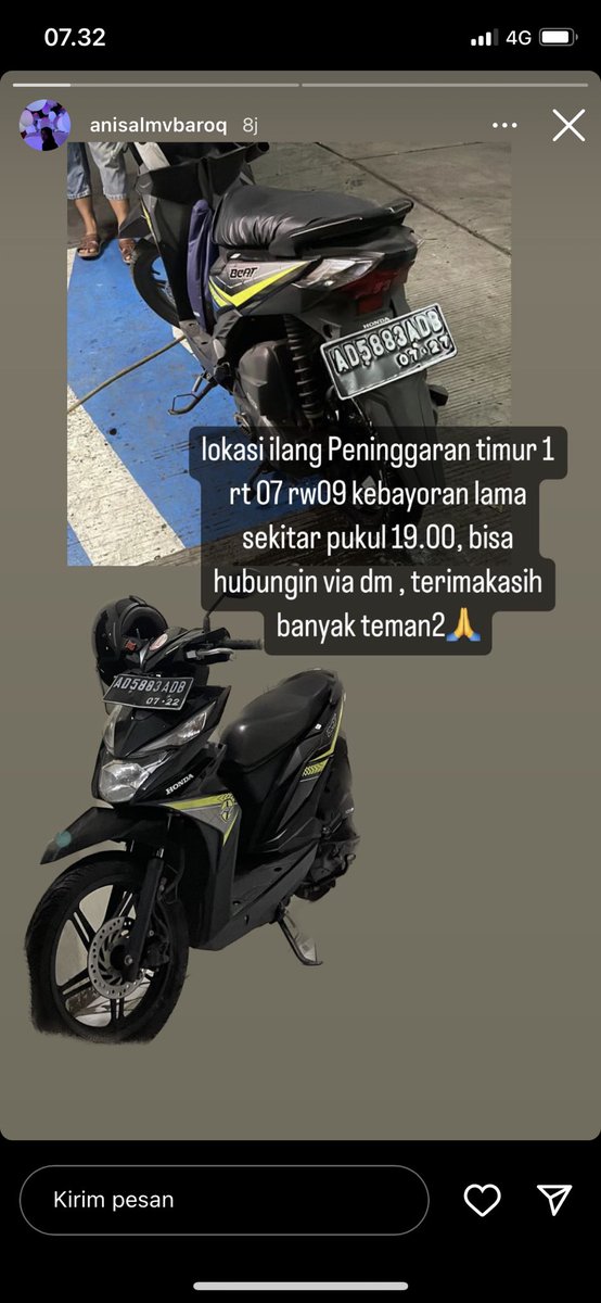 Please TWITTER DO YOUR MAGIC …..
Motor adek saya hilang kemaren malam parkir di depan rumah, mohon infonya jika ada yang melihat 😭😭😭😭🙏🏻🙏🏻🙏🏻🙏🏻🙏🏻
