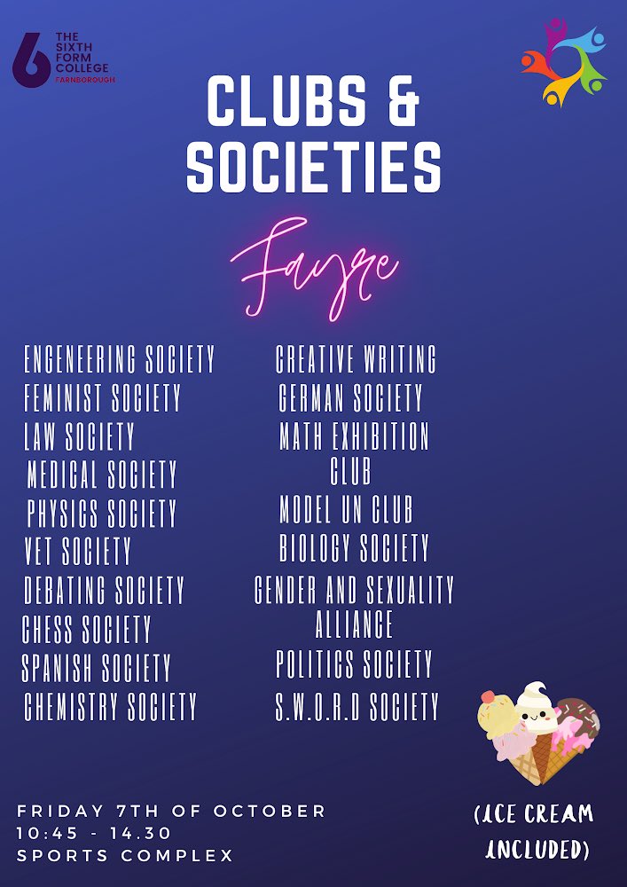 farnboroughsa's tweet photo. Clubs and Societies Fayre - Friday 7th of October, 10:45-14:30 in sports complex. Ice-cream included! https://t.co/KpVWRFEVdU