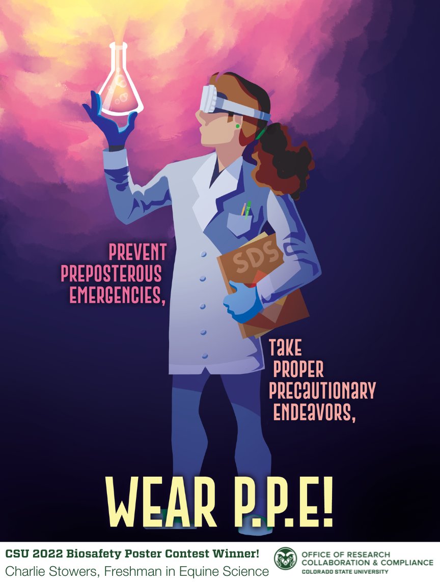 RamSafeResearch's tweet photo. @ColoradoStateU 2022 Biosafety Poster Contest Winner is Charlie Stowers from @csuequine! CONGRATS!!! #Biosafety #Biosecurity #PPE @ABSAOffice @ResearchCSU #ProudToBe #RAMsafe https://t.co/II6NbTAWQS