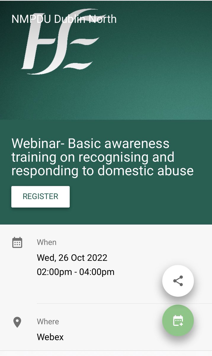 📆 Save the Date: Basic awareness training on recognising and responding to domestic abuse 26th October from 2pm to 4 PM Registration link is as follows:- hse.webex.com/hse/j.php?RGID…