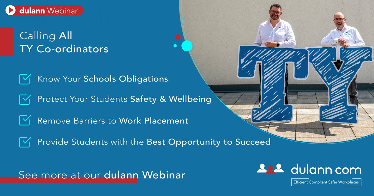 📣 Calling all TY Co-ordinators!
Join us on Thursday the 20th of October 2022 for our free 30 minute Webinar, where we will talk about your Schools responsibilities for TY Students while on Work Placement. 
Register for a seat now at dulann.com/webinars
<a href="/_TYTPN/">Transition Year TPN</a>