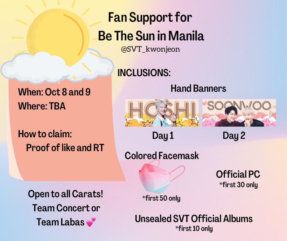 monkyunie's tweet photo. #BeTheSuninManila Freebies and Giveaways

Hi Carats! I will be giving away hand banners and other stuff on Oct 8 and 9. 

How to claim? Just like and rt this post. 

See you all! 😍

#SEVENTEEN #Hoshi #Wonwoo #Soonwoo https://t.co/F7JrIEsZaj