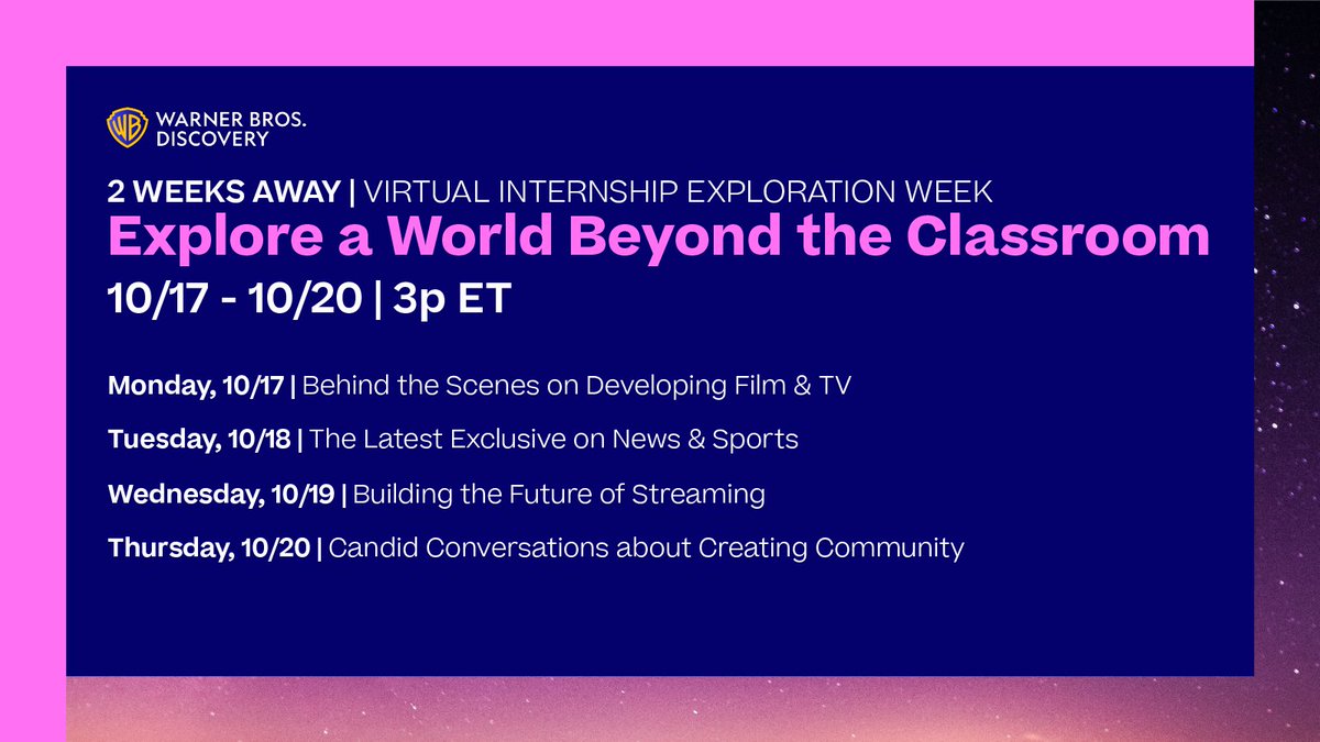 WBDlife's tweet photo. Our Virtual Internship Exploration Week is less than two weeks away! Don’t miss out on hearing from @wbd leaders, creators and recruiters. Learn more about each session and register today: https://t.co/75lAtNRPmZ https://t.co/8ZvS8dcgj4