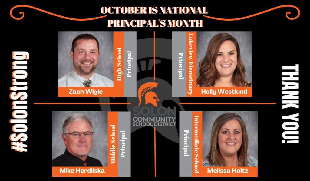 October is National School Principal's Month! Solon's principals lead with vision, inspiration, and compassion! They are each truly student centered and make a difference everyday for our community! Take a moment to #ThankAPrincipal #SolonStrong