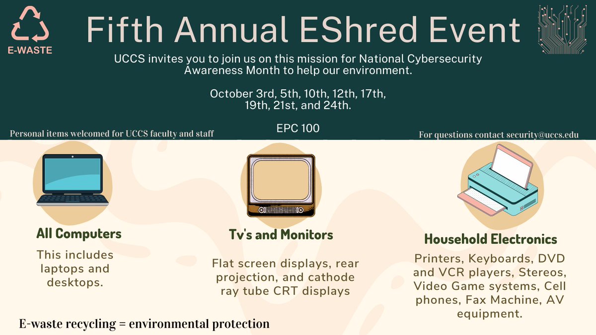 UCCSOIT's tweet photo. Six more days to clear our your old, broken, and unwanted electronics! Faculty/staff can take their items to the UCCS OIT Security office for free e-recycle and shred! Next drop off date is Monday, Oct 10 and will be held in EPC 100. @uccs https://t.co/JM5jf0UzHc
