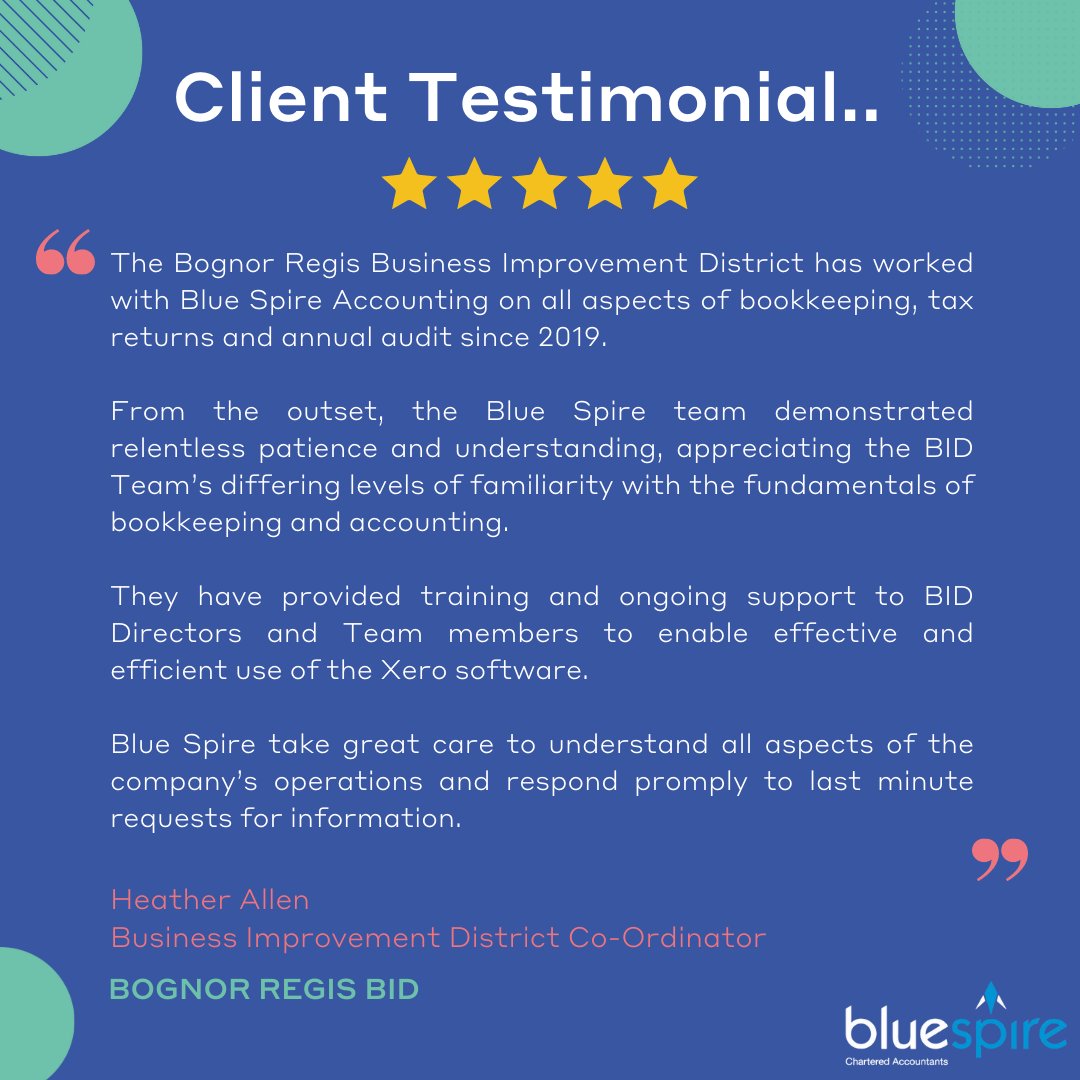 ⭐CLIENT TESTIMONIAL⭐
Receiving lovely testimonials from our clients always makes us smile! 💙
Thank you so much to Heather <a href="/BognorRegisbid/">Bognor Town Centre</a> for the kind words 🙏
If you need help with your accounts, then contact us today on 01243 781234 ☎
#thechichesteraccountants