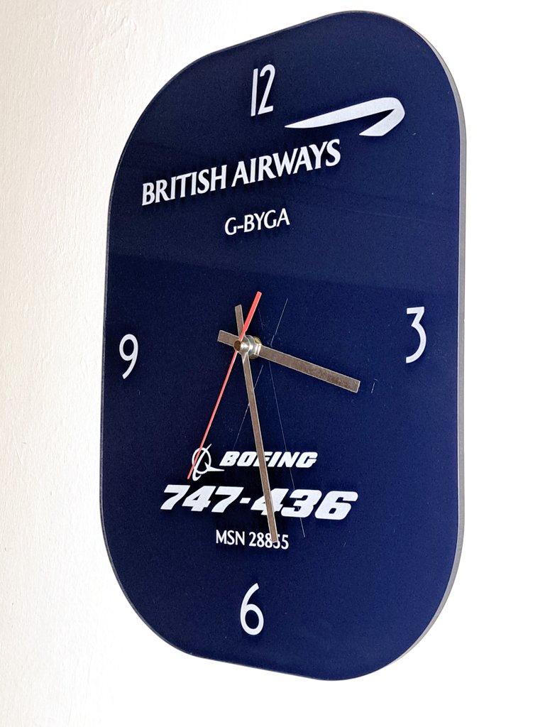peter532's tweet photo. Finally @British_Airways @scottiebateman @DaveWallsworth @shesgotwings777 @Aerotiques the window clock has arrived, proudly on my wall next to B747 G-BYGA a photo I took of her at @Cardiff_Airport during storage in summer 2020 #Queenoftheskies #BA747 #aviationhistory https://t.co/9ik4L84ujr