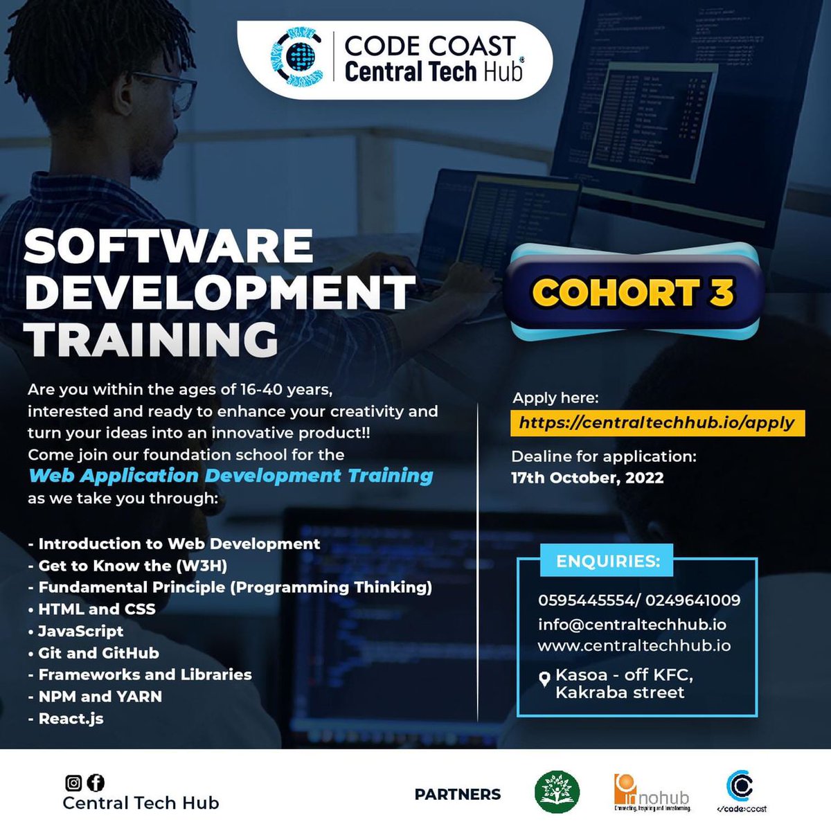 coast_code's tweet photo. Are you within the ages of 16-40 years interested to enhance your creativity and turn your ideas into innovative product, join our Foundation School for the Web Application Development Training as we take you through
#softwaredevelopment  #codecoast #innohub #centraltechhub https://t.co/K92ruUPTZU