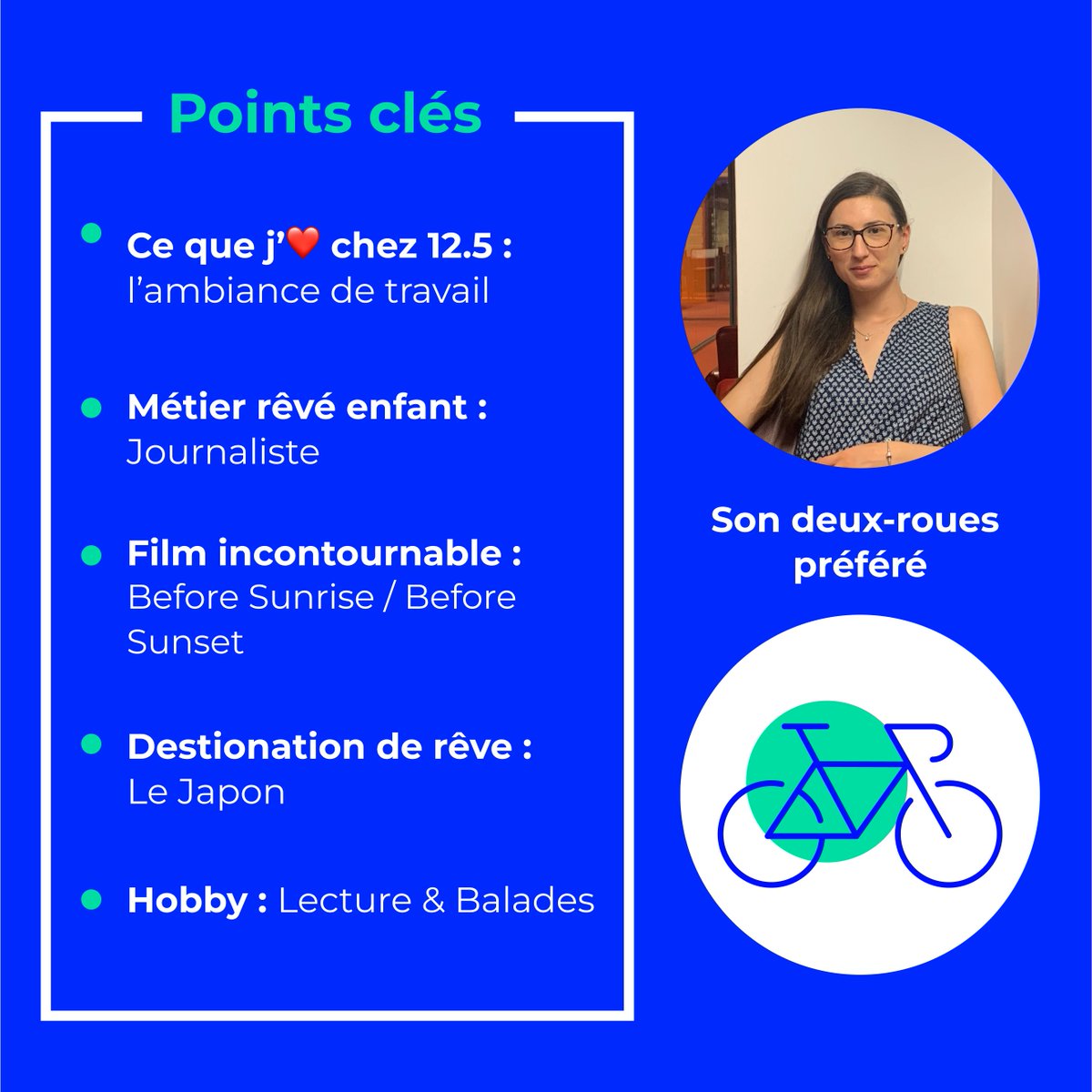 ✨ Nouvelle recrue chez 12.5

Découvrez Gabriella, notre UI/UX Designer et qui nous vient de Sicile. 🇮🇹
Elle s’occupe de l’amélioration de notre interface web et du parcours utilisateur.

On lui a posé quelques questions pour mieux la connaître 👇

 #parisavelo #velotaf #parking